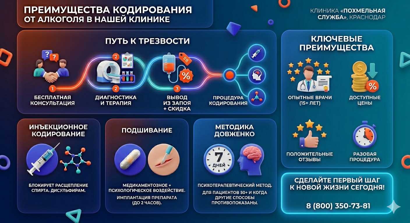 Инфографика о методах кодирования от алкоголя в Старой Станице: инъекции, подшивание, метод Довженко. Преимущества клиники и этапы лечения.